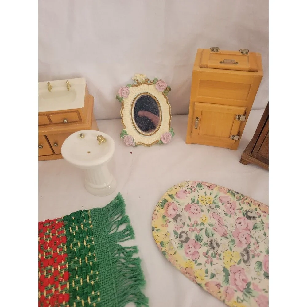 Vintage Dollhouse Miniature Furniture Lot Wooden Kitchen Bath Rugs Rocking Horse